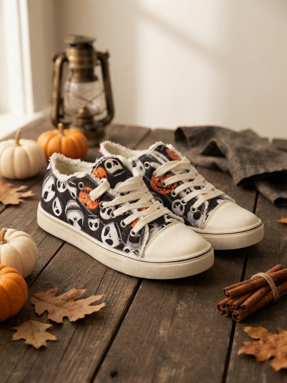 Spooky Skull and Pumpkin Canvas Sneakers - Size 38 - 7,5